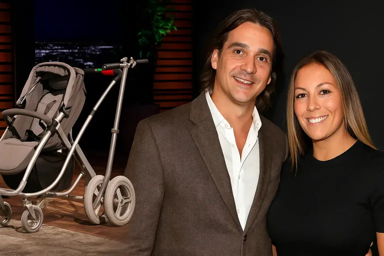 Image of Elliptical Stroller prototype alongside founder Pier Paolo Visconti from Shark Tank Season 9.