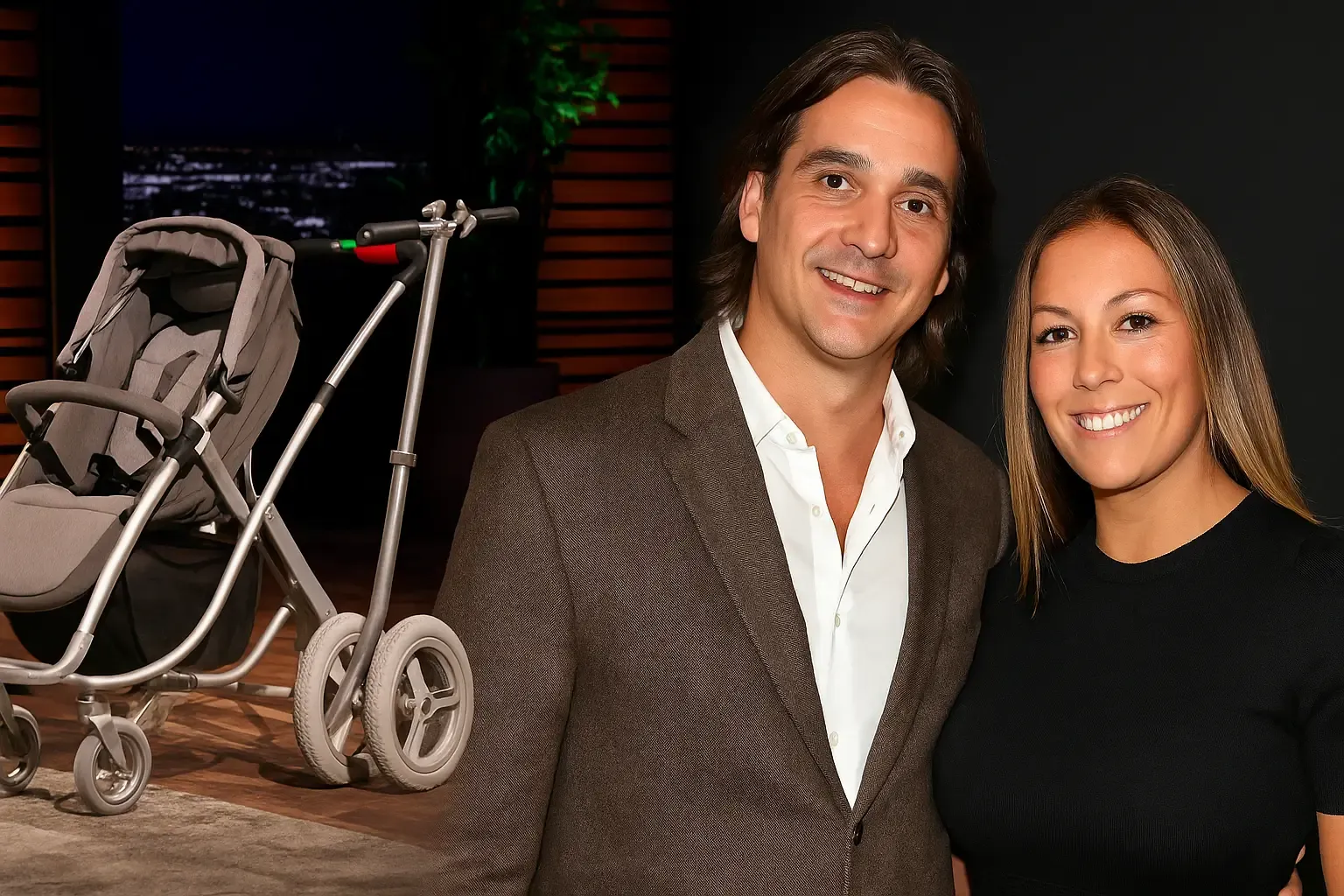 Image of Elliptical Stroller prototype alongside founder Pier Paolo Visconti from Shark Tank Season 9.