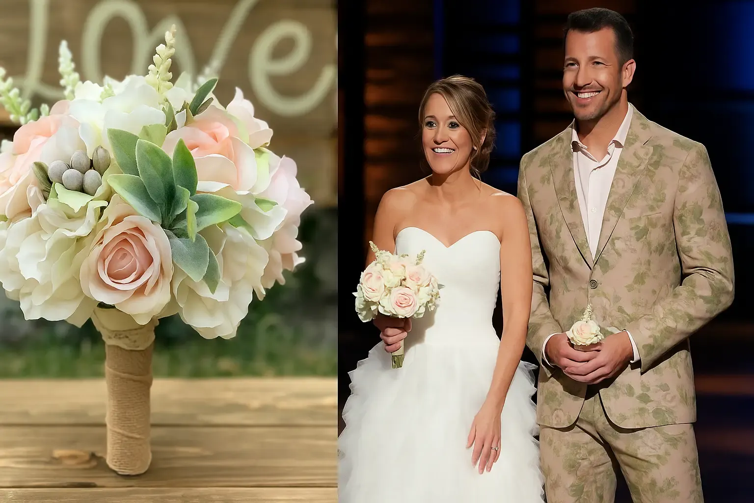 “Flasky Flowers bridal bouquet and founders Ryan and Kelly Moynihan from Shark Tank holding the bouquet flask”