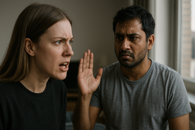 Wife arguing with husband after fight about his mother and citizenship.