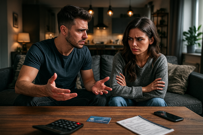 Couple arguing over misuse of emergency credit card at home.