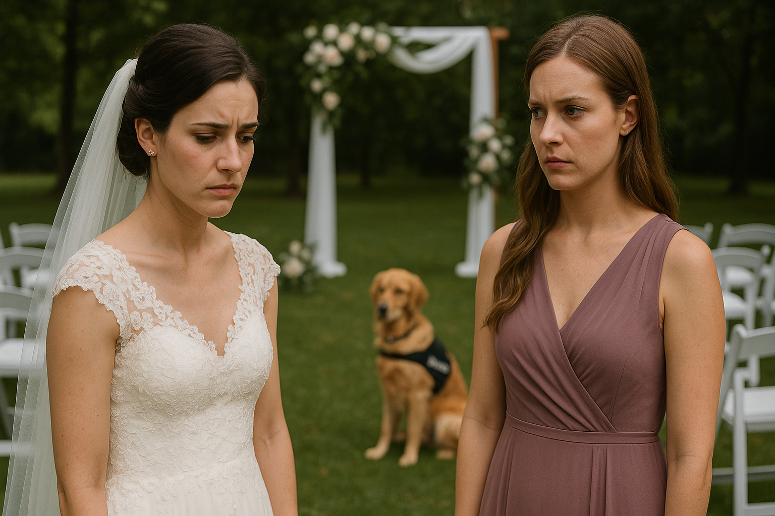 Bride and bridesmaid look upset at outdoor wedding with service dog sitting in background.