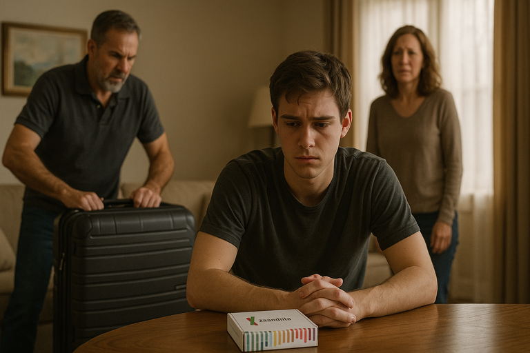 Young man with DNA kit as parents argue in the background.