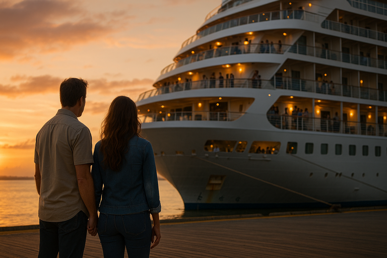 Couple on a pier at sunset looking at a cruise ship after canceling their family trip.