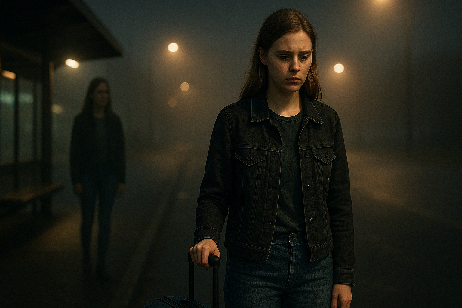 Young woman with suitcase at night bus stop as identical twin watches in fog.