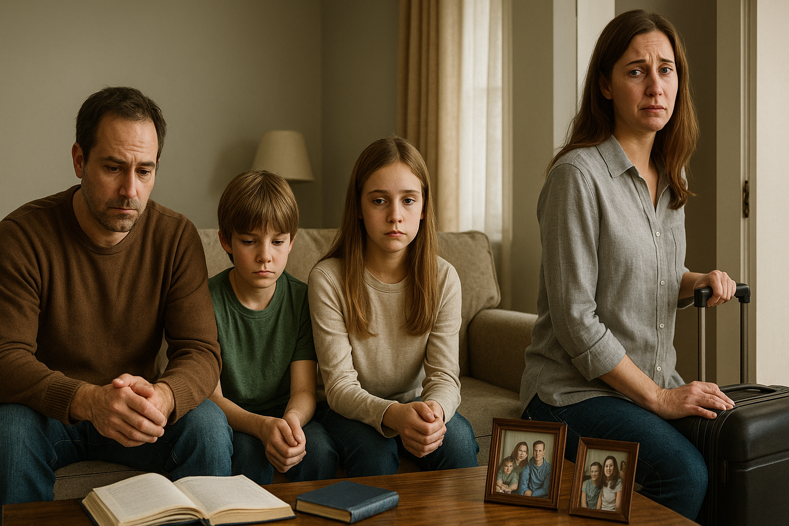 Family torn apart as mother leaves with suitcase, father and kids look sad.