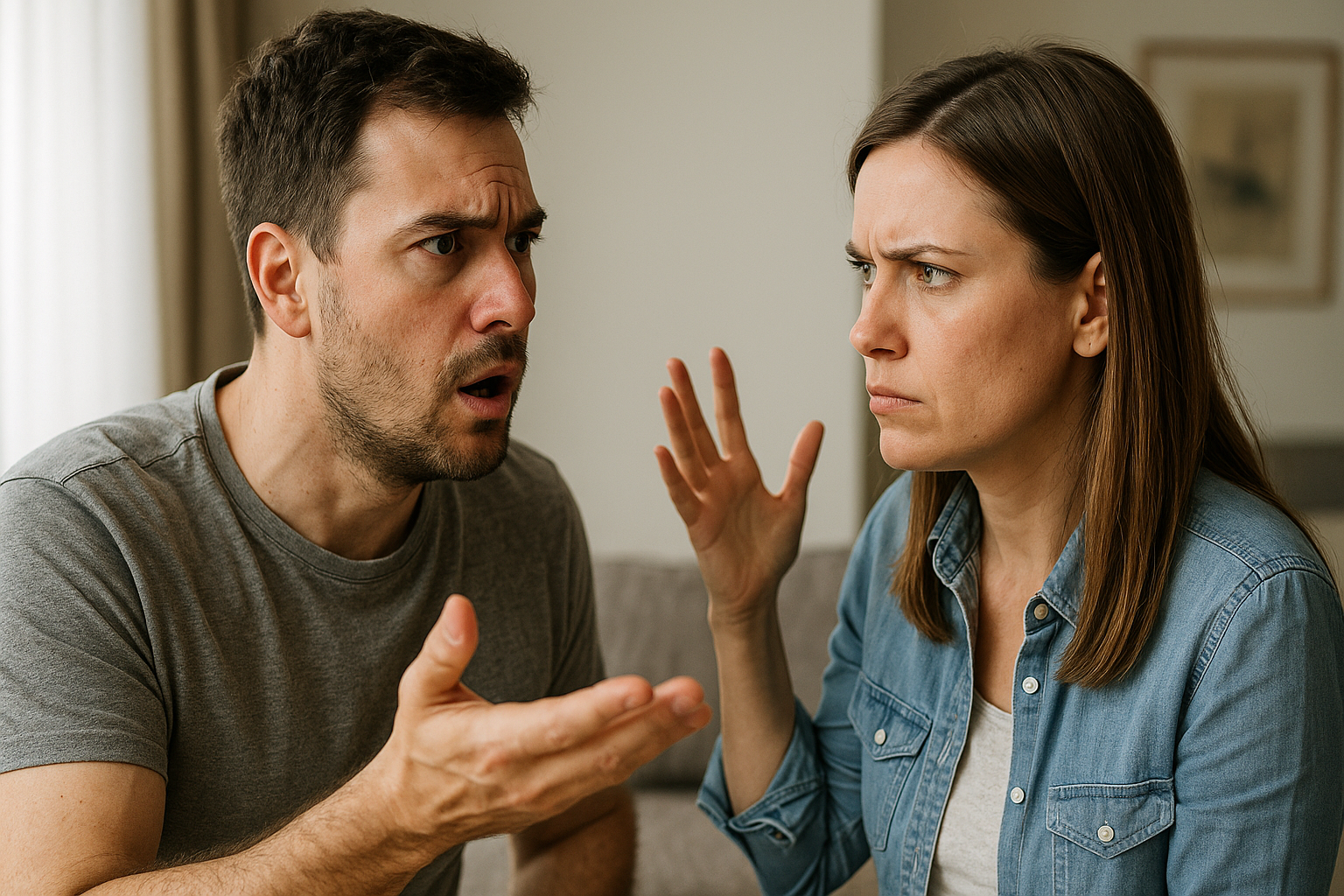 Couple arguing intensely in a bright living room.