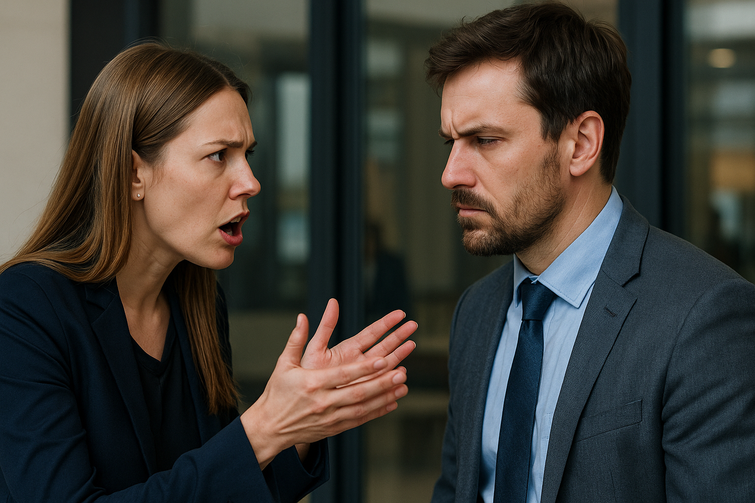 Wife confronting embarrassed husband after correcting him in front of his boss.