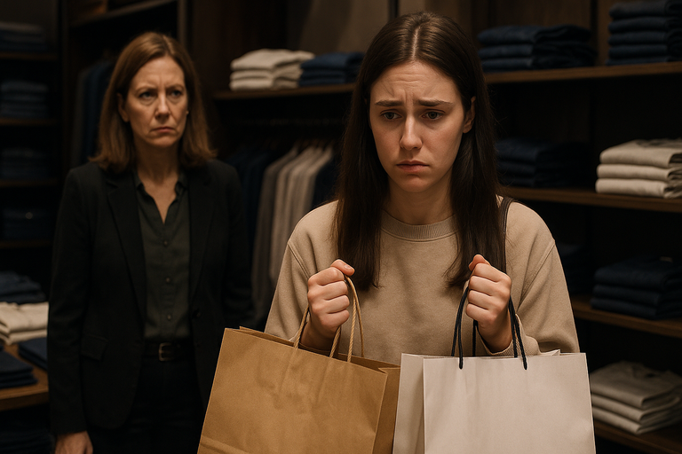 Guilty shopper with bags watched by stern woman in store.