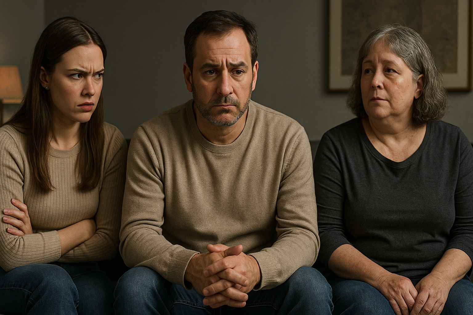 Man sitting between angry wife and calm ex-wife.