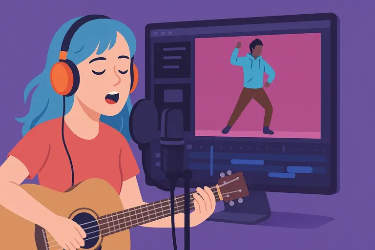 A young female musician with blue hair and orange headphones plays guitar and sings into a microphone, while animated characters dance on a computer screen in the background, symbolizing AI-powered music video creation.