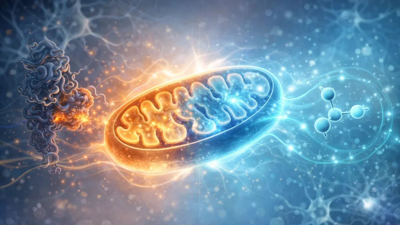 Digital illustration of a mitochondrion restoring energy as a CS2 decoy molecule blocks alpha-synuclein from binding to ClpP, representing a new Parkinson’s therapy approach.