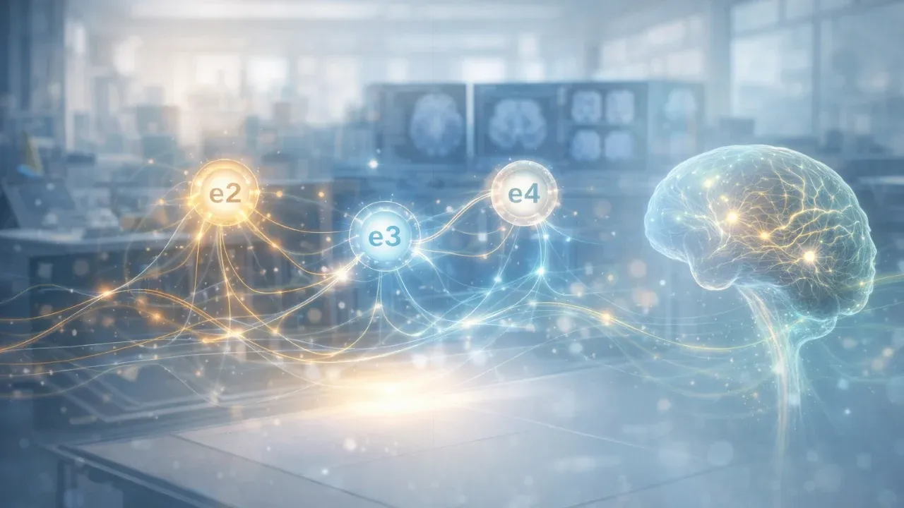 Digital illustration of an APOE genetic map floating above a lab workstation, with illuminated neural pathways and a healthy aging brain silhouette representing cognitive resilience.