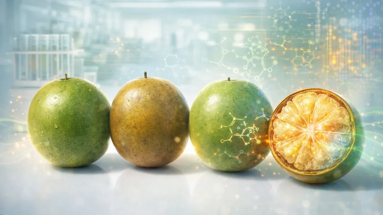 Four monk fruit varieties displayed with peel and pulp cross-sections, highlighting the study’s discovery of distinct antioxidant and bioactive profiles across each type. Image credit: AI/GeeksAroundGlobe.com