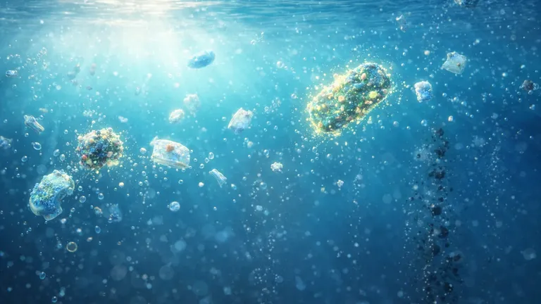 Digital illustration of microplastics in the upper ocean with plankton and microbes forming biofilms on plastic fragments, showing how this interaction weakens the ocean’s carbon sink.