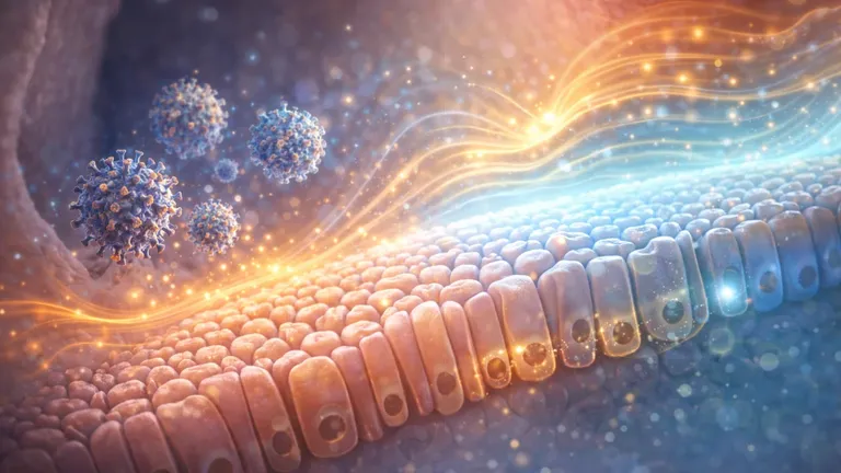 Digital illustration of nasal tissue releasing interferon waves to defend against approaching rhinoviruses, representing how early innate immunity affects cold severity.