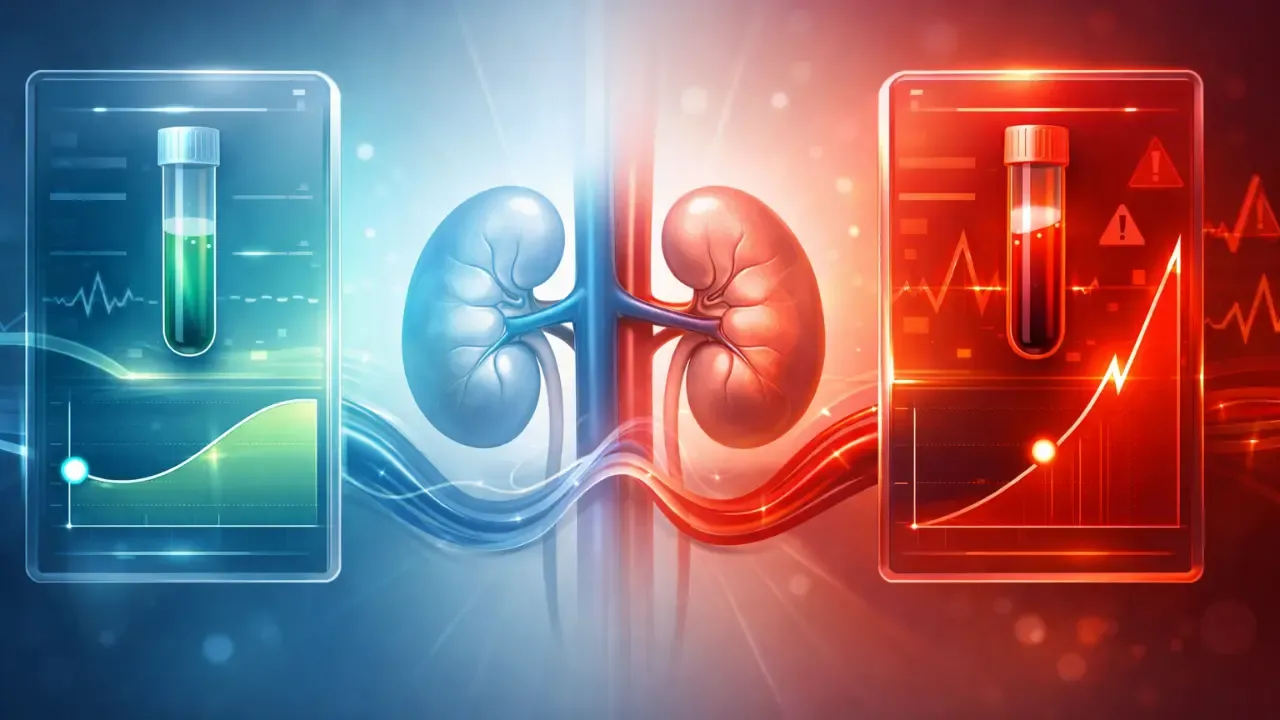 Digital illustration of two contrasting blood test results with a kidney silhouette and flowing bloodstream pathways, symbolizing creatinine–cystatin C discordance and its impact on kidney risk assessment.