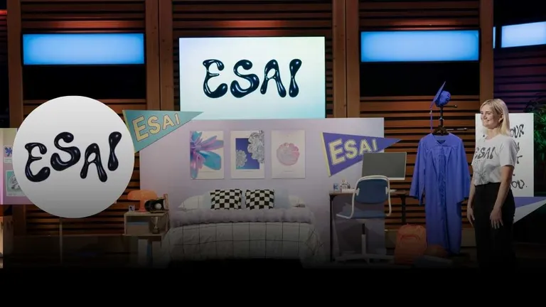 ESAI AI founder presenting student-focused dorm setup on Shark Tank with brand signage and graduation gown