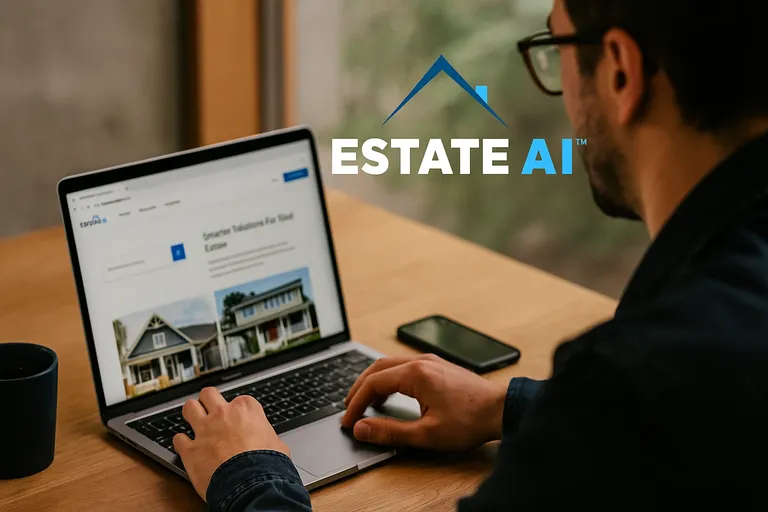 A real estate agent using Estate AI software on a laptop to browse property listings, highlighting modern lead generation technology.