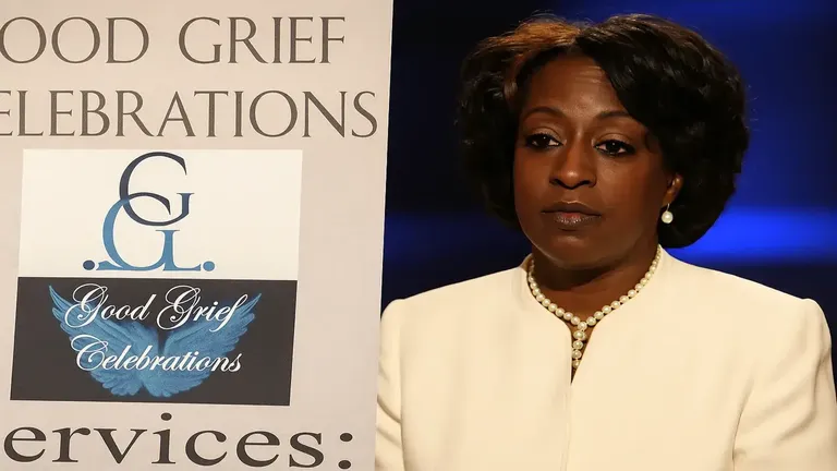 Founder of Good Grief Celebrations pitching on Shark Tank Season 1 with business display board