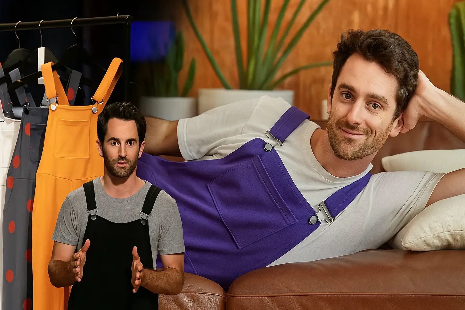 Kyle Bergman, founder of Swoveralls, showcasing his comfort wear line during Shark Tank and relaxing in signature overalls