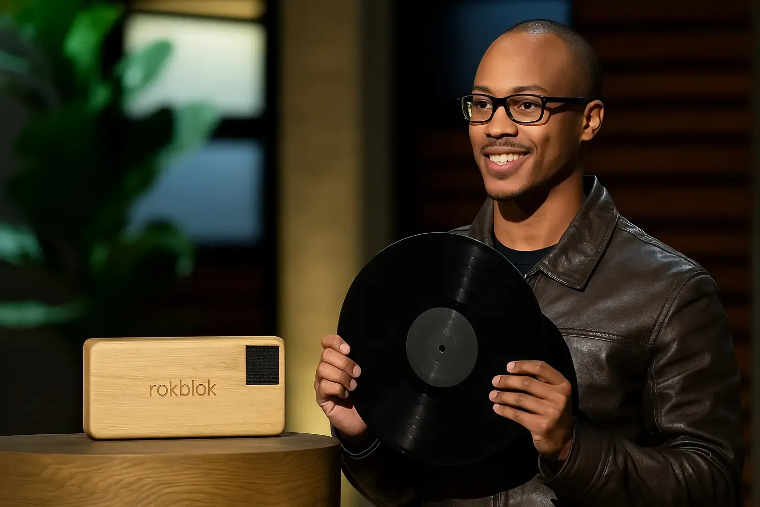 Logan Riley holding a vinyl record next to the RokBlok device during Shark Tank pitch