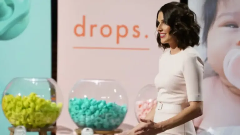 Nicki Radzely presenting The Pop pacifier with colorful product bowls and branding during her Shark Tank pitch