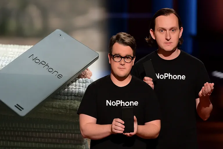 NoPhone founders on Shark Tank holding the NoPhone device next to a close-up of the product