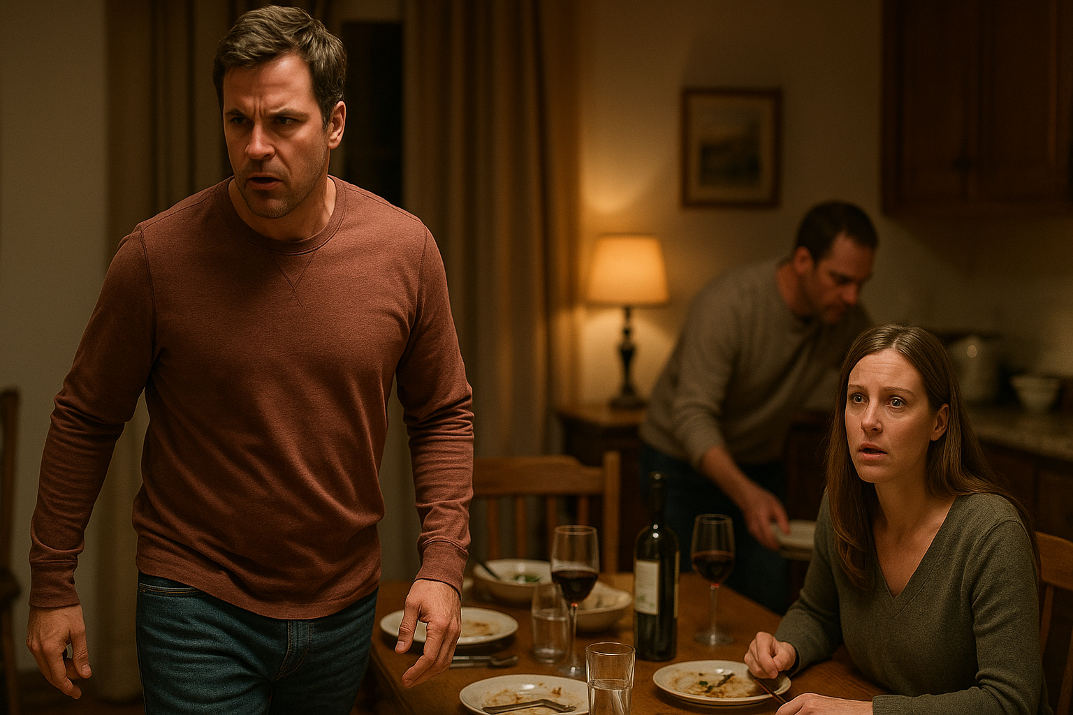 Man storms away from tense family dinner while woman looks shocked and another man clears dishes.