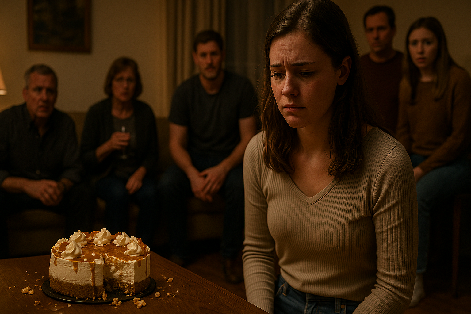 Upset woman at family party with smashed cheesecake.