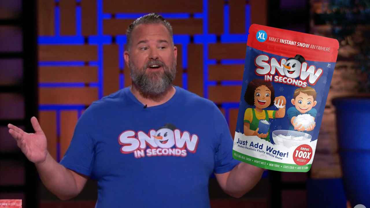 Jonathan Dusing holding a Snow in Seconds product package while pitching on Shark Tank