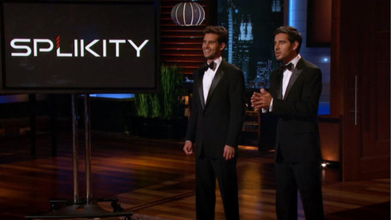 Doug and Chad Clark pitching Splikity on Shark Tank with the company logo displayed on a screen beside them