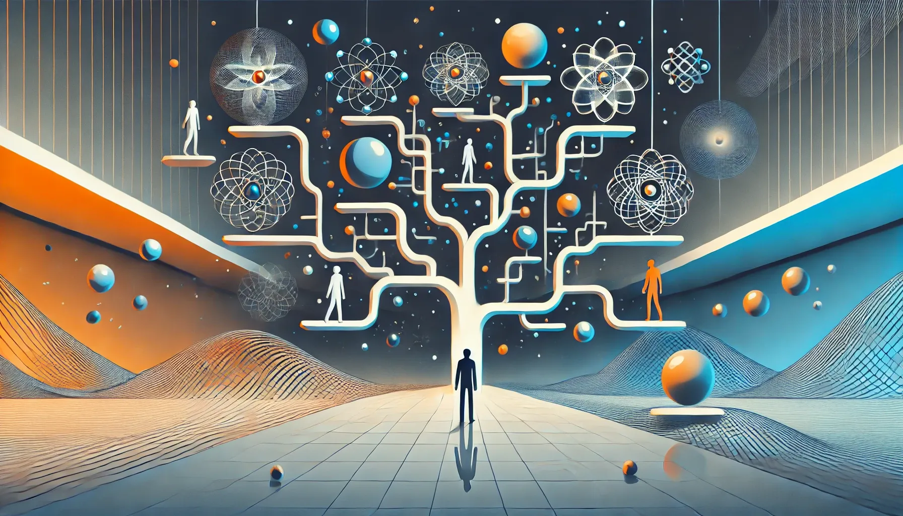A surreal digital illustration depicting the Many-Worlds Interpretation of quantum mechanics. A lone figure stands before a branching tree, symbolizing diverging realities. Each branch leads to alternate versions of people in different quantum states, surrounded by atomic structures and floating spheres, representing quantum superposition and parallel universes