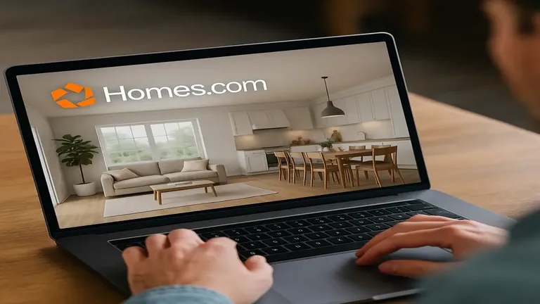 User exploring Homes.com’s Snap & Search visualization tool on a laptop screen, showing a modern interior design preview.
