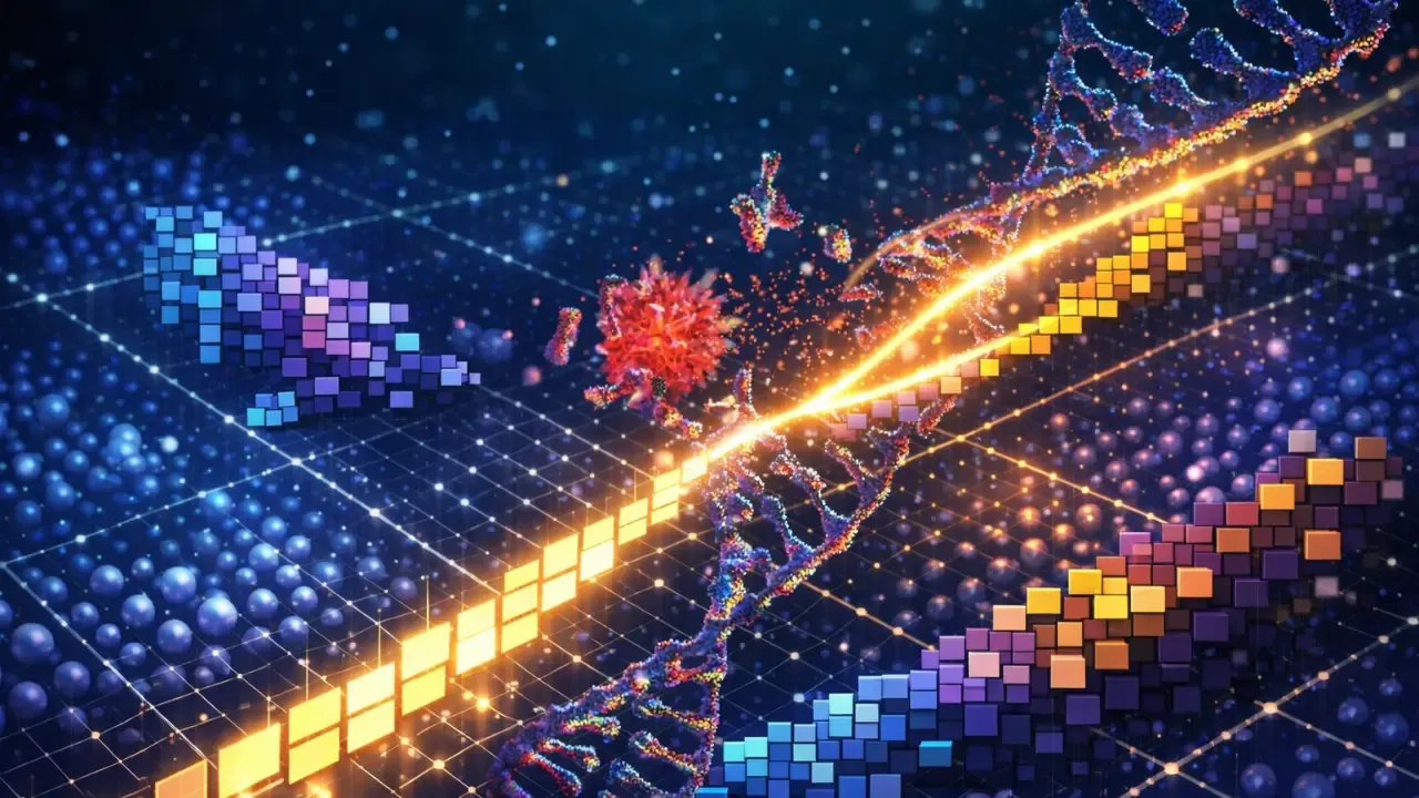Digital illustration of cancer evolution showing a lattice of glowing single cells with chromosomal tiles shifting across a multidimensional grid, representing ALFA-K predicting future tumor changes.