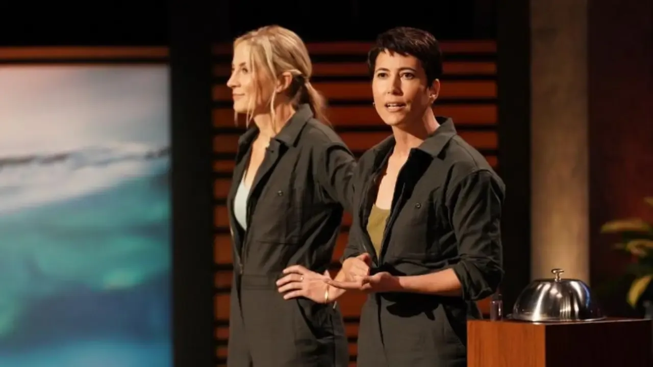 UMARO Foods founders Amanda Stiles and Beth Zotter presenting their plant-based bacon product on Shark Tank in matching jumpsuits.