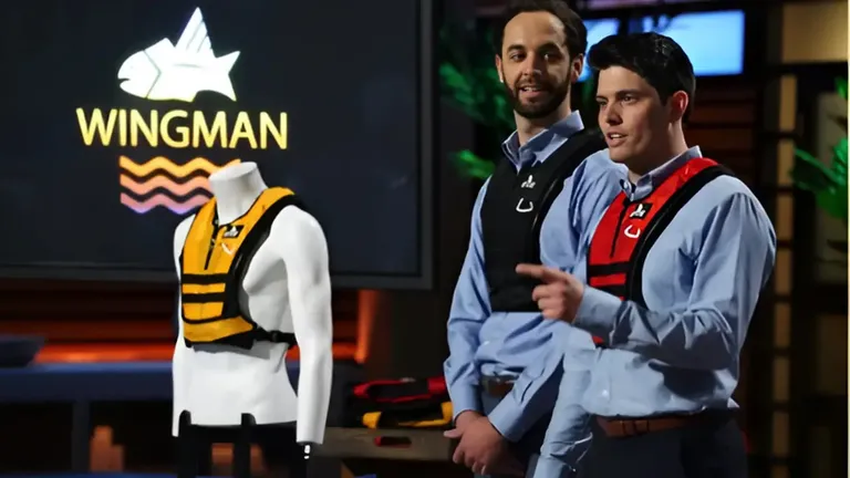 "Founders Mike Fox and Pat Hughes presenting The Wingman Life Jacket on Shark Tank wearing inflatable vests"