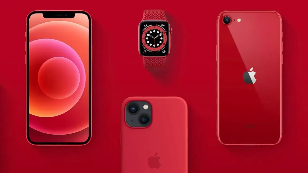 Apple (PRODUCT)RED devices, including iPhones, Apple Watch, and accessories, displayed on a bright red background