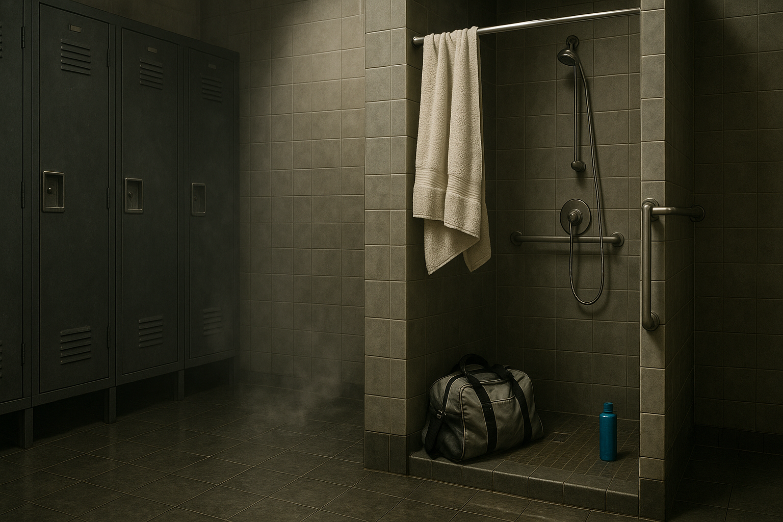 Gym locker room shower stall with towel, gym bag, and bottle left unattended.