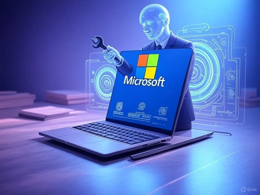 A futuristic AI humanoid interacting with a laptop displaying the Microsoft logo, symbolizing advanced AI integration and system diagnostics.