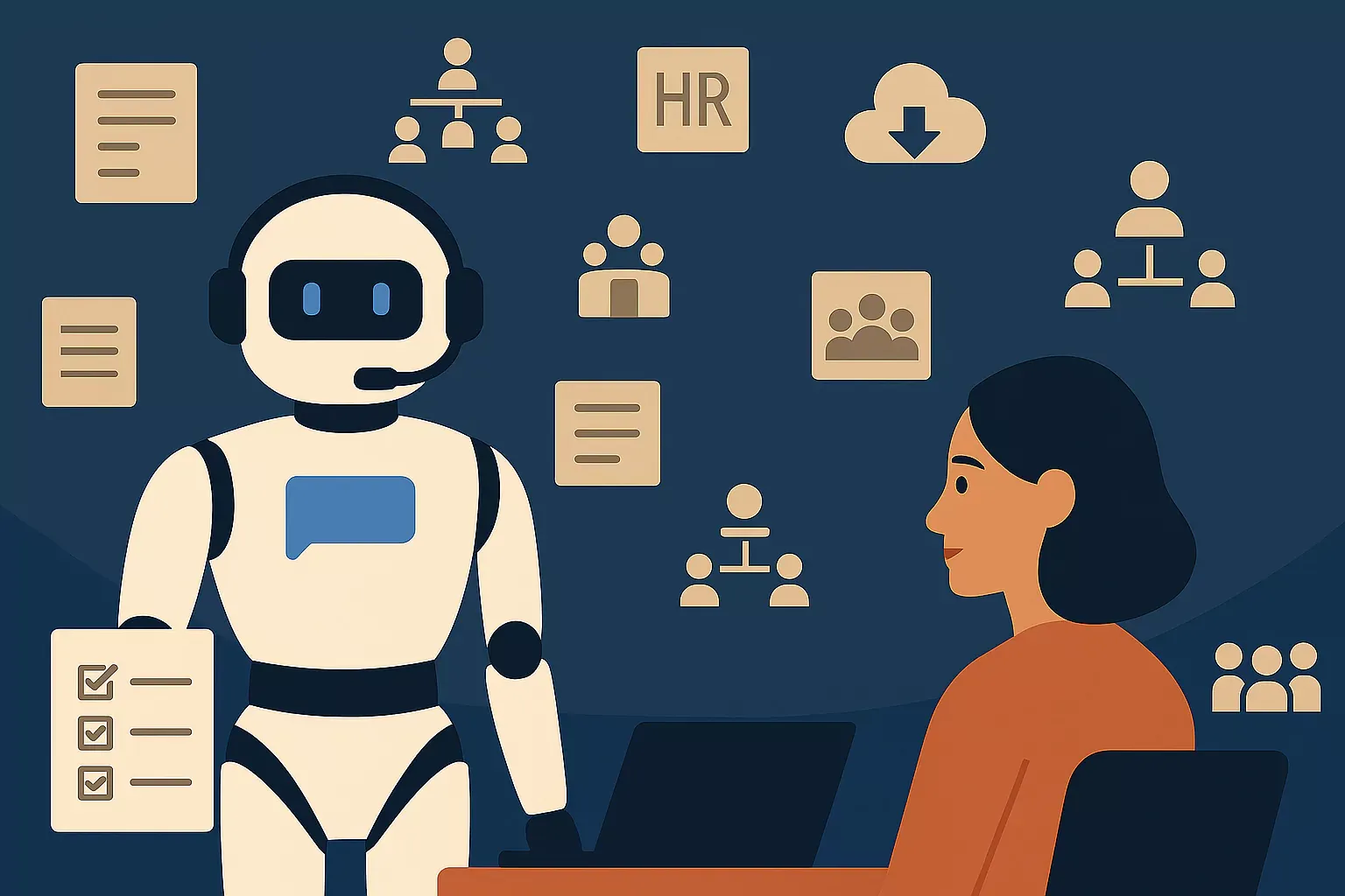 Illustration of a robot AI assistant helping HR professionals automate employee support tasks in 2025