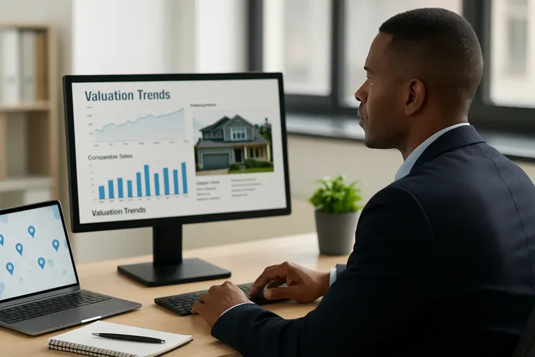 A real estate professional using AI tools for property valuation and comparable sales analysis on a desktop screen.