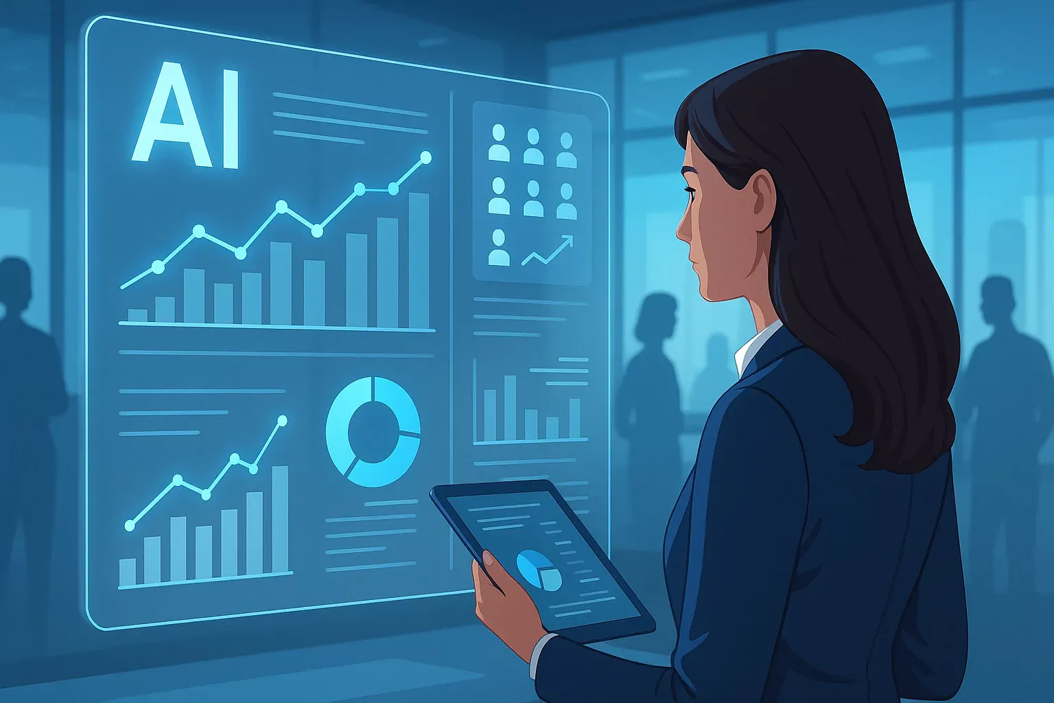A professional HR manager analyzing AI-powered HR analytics dashboards with graphs and data on a transparent screen in a futuristic office