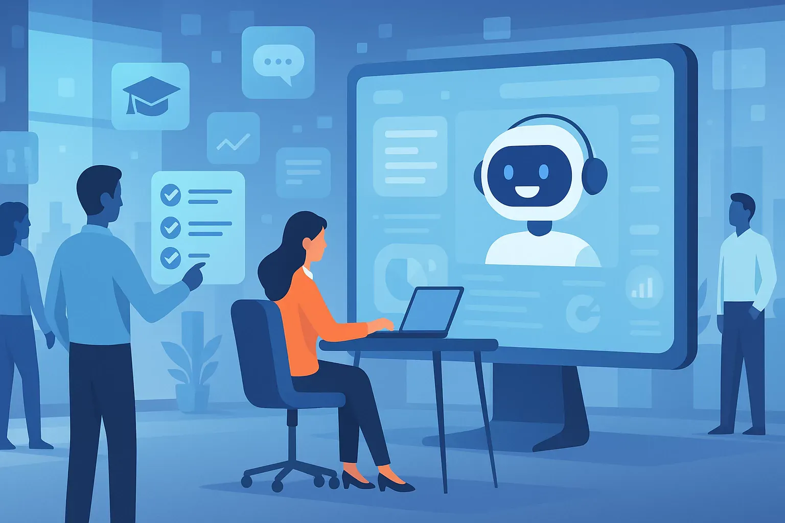 Illustration of an AI virtual assistant onboarding a new employee in a modern office using digital tools, checklists, and analytics in 2025.