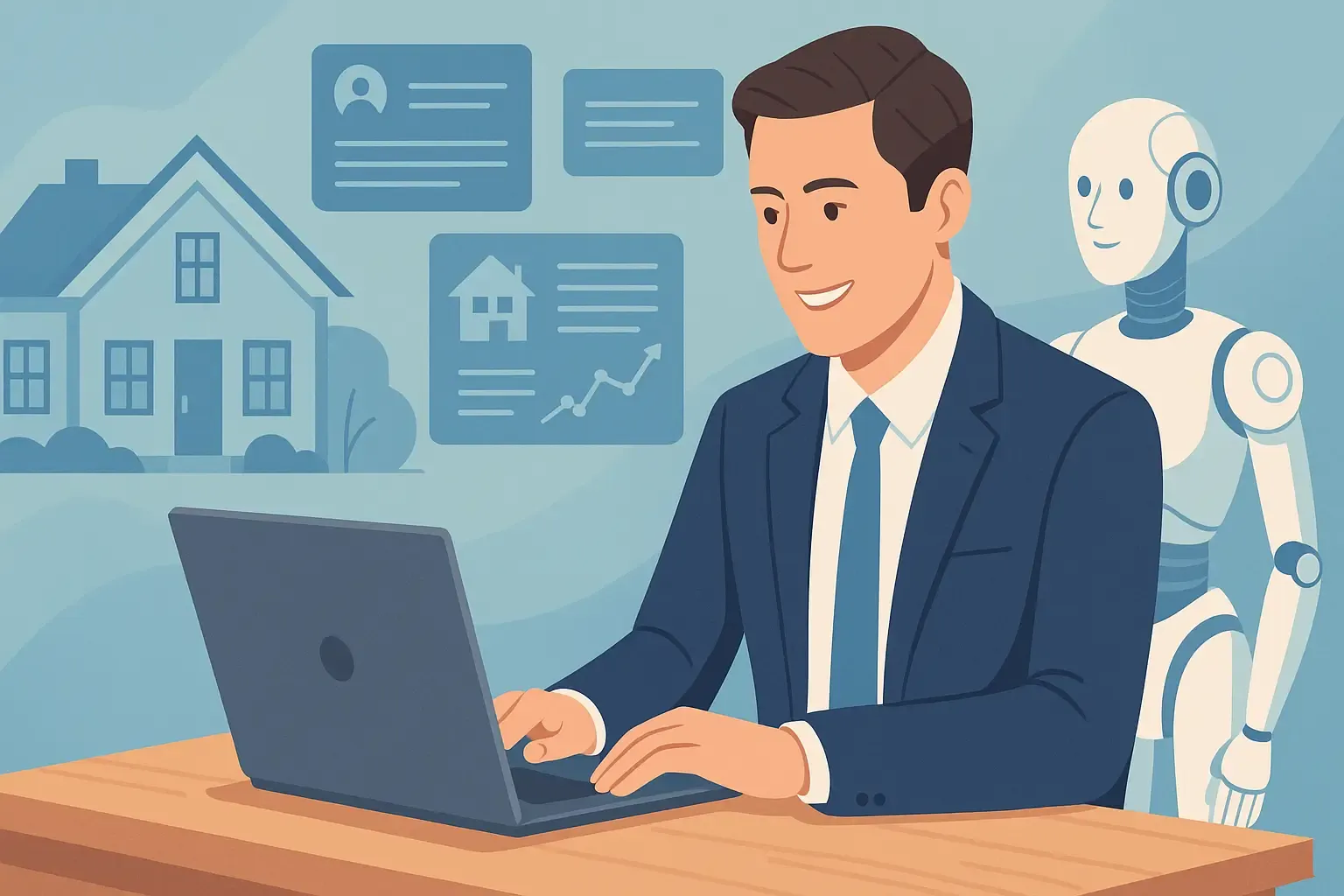 Illustration of a real estate professional using AI tools on a laptop with digital interface elements and smart home visuals.