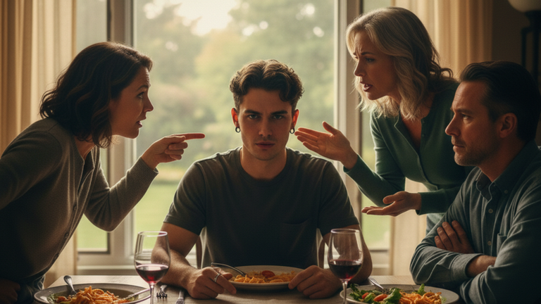 Family arguing with a young man about his piercings at dinner.