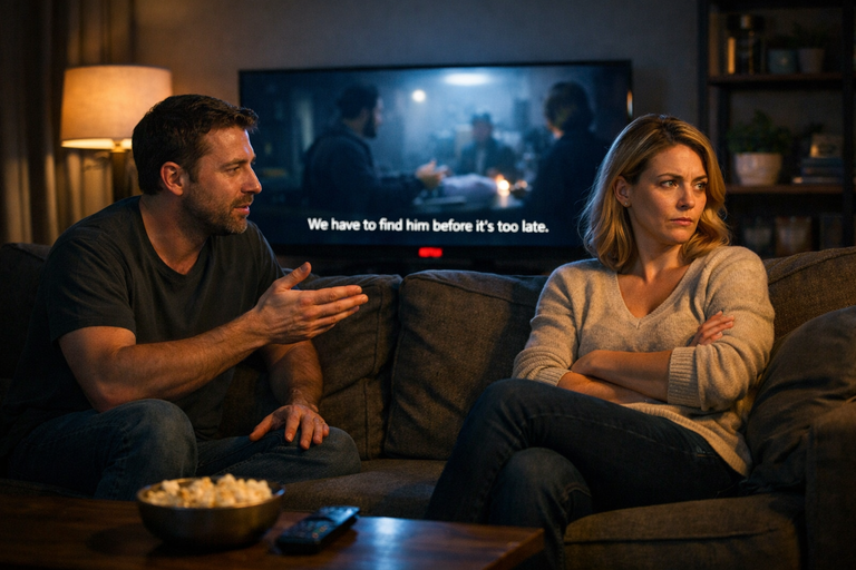 Couple arguing in dimly lit living room