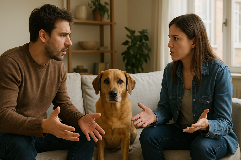 Man and woman arguing over a dog.