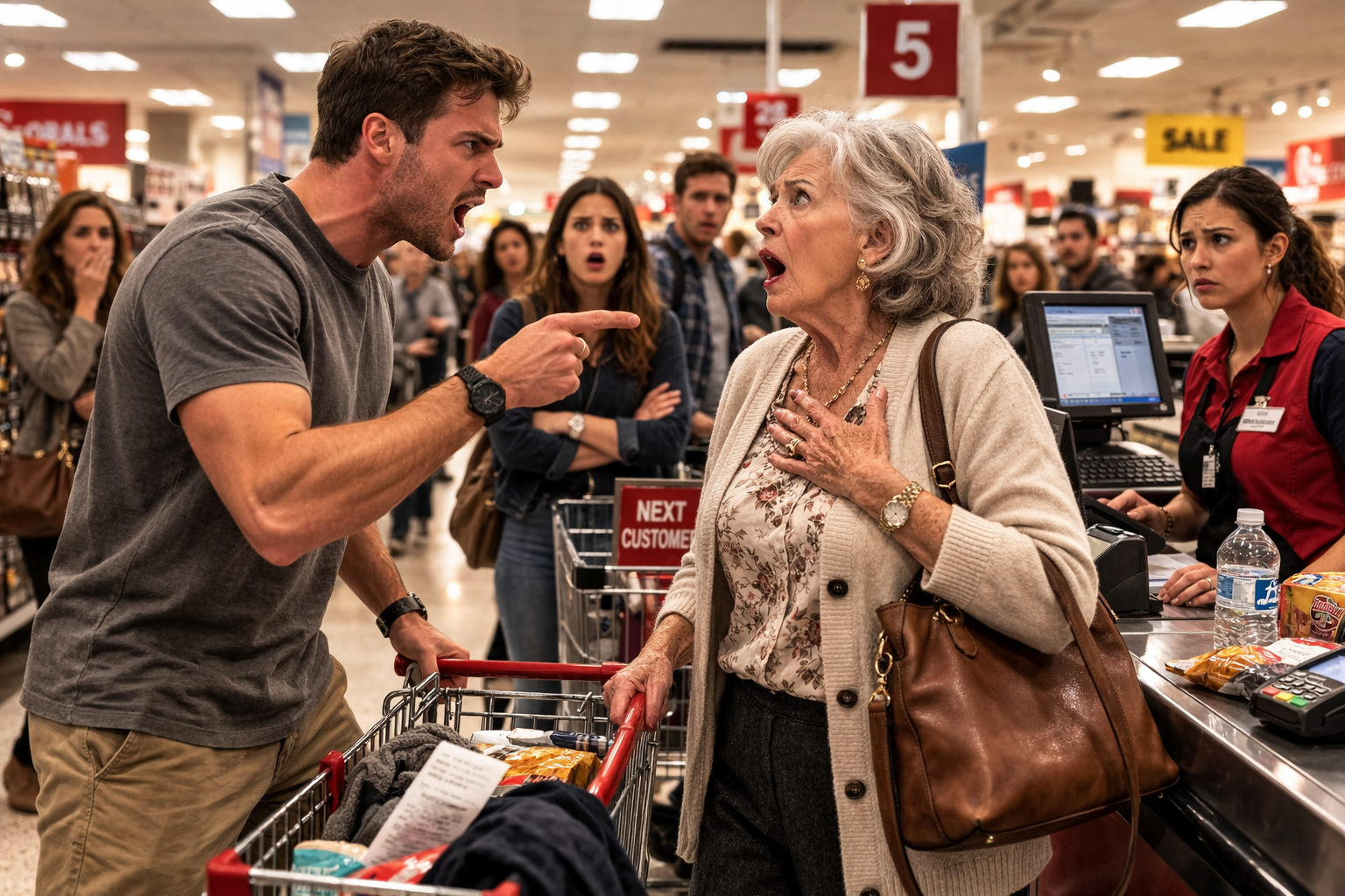 Angry man pointing and shouting at an elderly woman in a checkout line while shocked shoppers look on.