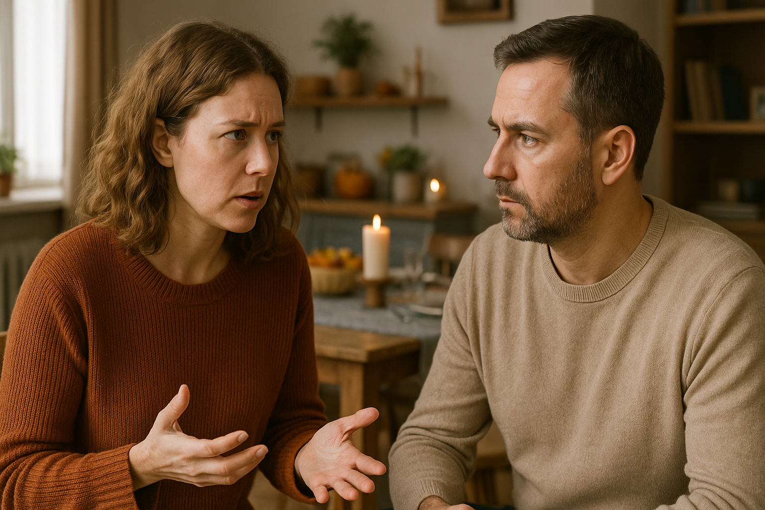 A couple talking seriously at a Thanksgiving table.